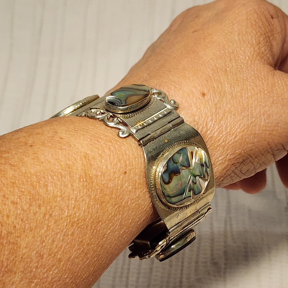 Vintage Taxco Sterling Silver 925 Abalone Panel Bracelet Mexico 7" Ornate - Picture 2 of 15